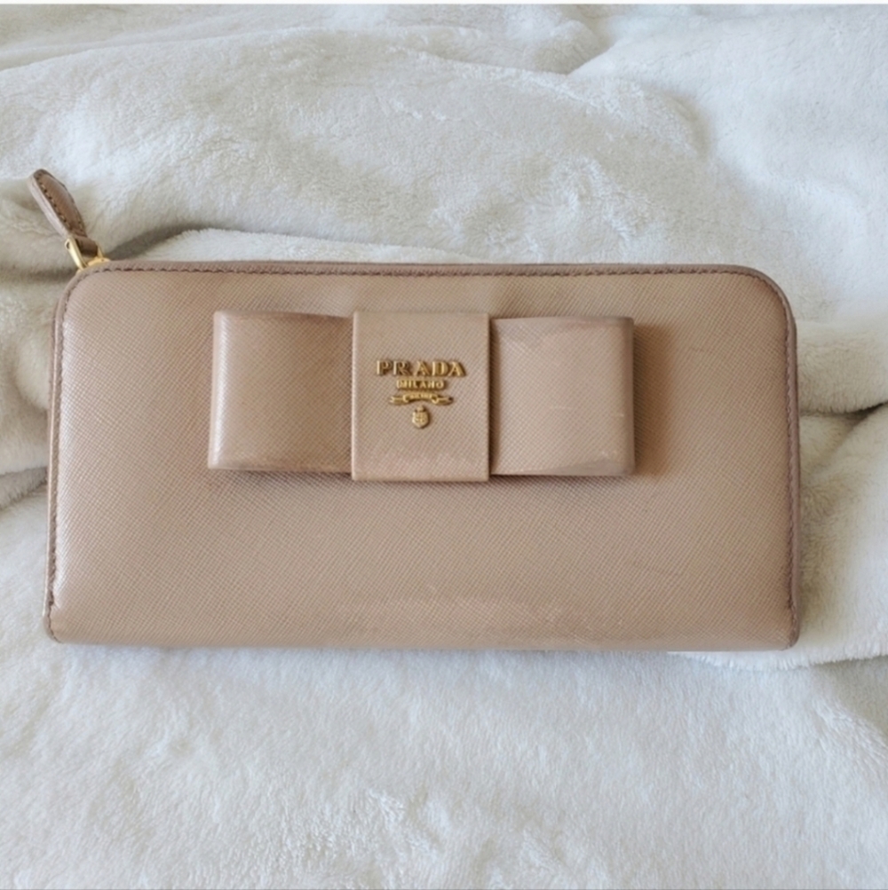 Prada Saffiano Leather Bow Zip Around Wallet Nude